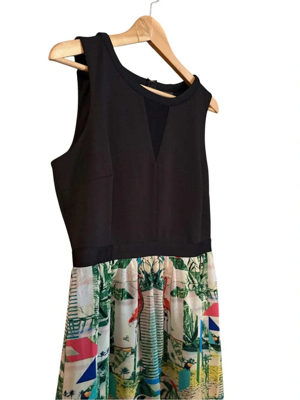 Nicole Tropical Flamingo Print Black Bodice Sheer Panel Sleeveless Maxi Dress